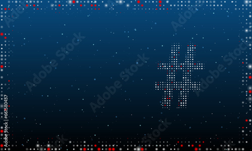 On the right is the hash symbol filled with white dots. Pointillism style. Abstract futuristic frame of dots and circles. Some dots is red. Vector illustration on blue background with stars