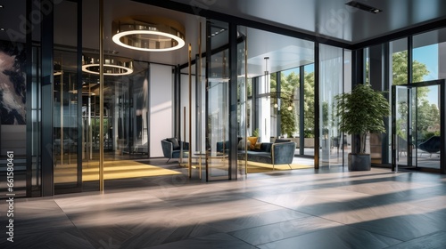 Experience the sophistication of a modern office: Enter through the grand glass door to a contemporary reception hall