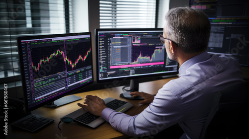 Stock Trader Man Using Multiple Monitors while working at night. Back view.