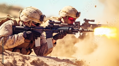 Close-up of skilled army sniper aiming with optical sight. Army elite troops marksman. Sports shooting and hunting concept. Military operation. Illustration for banner, poster, cover or brochure. photo