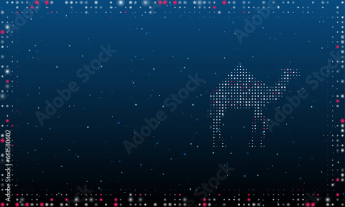 On the right is the camel symbol filled with white dots. Pointillism style. Abstract futuristic frame of dots and circles. Some dots is pink. Vector illustration on blue background with stars