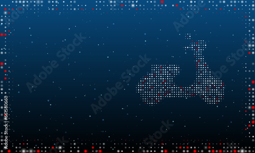 On the right is the scooter symbol filled with white dots. Pointillism style. Abstract futuristic frame of dots and circles. Some dots is red. Vector illustration on blue background with stars