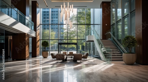 Experience the sophistication of a modern office: Enter through the grand glass door to a contemporary reception hall © pvl0707