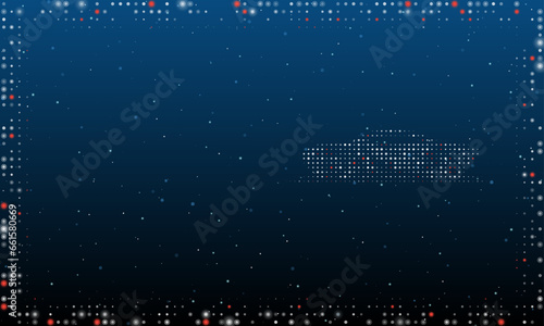 On the right is the future car symbol filled with white dots. Pointillism style. Abstract futuristic frame of dots and circles. Some dots is red. Vector illustration on blue background with stars