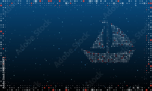 On the right is the sailing boat symbol filled with white dots. Pointillism style. Abstract futuristic frame of dots and circles. Some dots is red. Vector illustration on blue background with stars