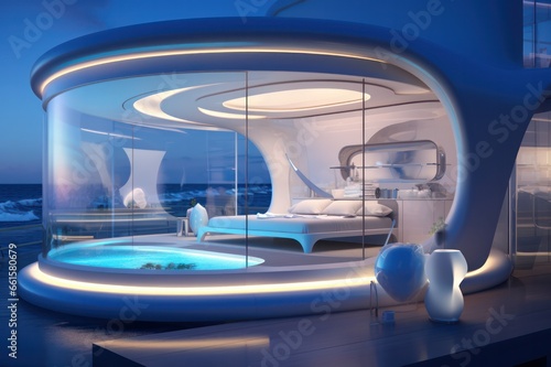 futuristic spa hotel room interior design 3d render