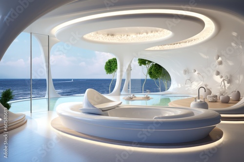 futuristic spa hotel room interior design 3d render © Dina