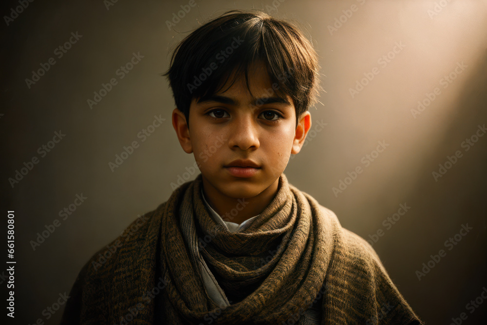 Portrait of the of the very young Middle Eastern boy wearing keffiyeh, traditional clothing. Concept of active age Portrait of the of the very young Middle Eastern boy wearing keffiyeh, traditional clothing. Concept of active age