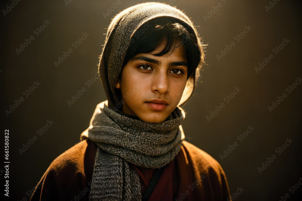 Portrait of the of the very young Middle Eastern boy wearing keffiyeh, traditional clothing. Concept of active age Portrait of the of the very young Middle Eastern boy wearing keffiyeh, traditional clothing. Concept of active age