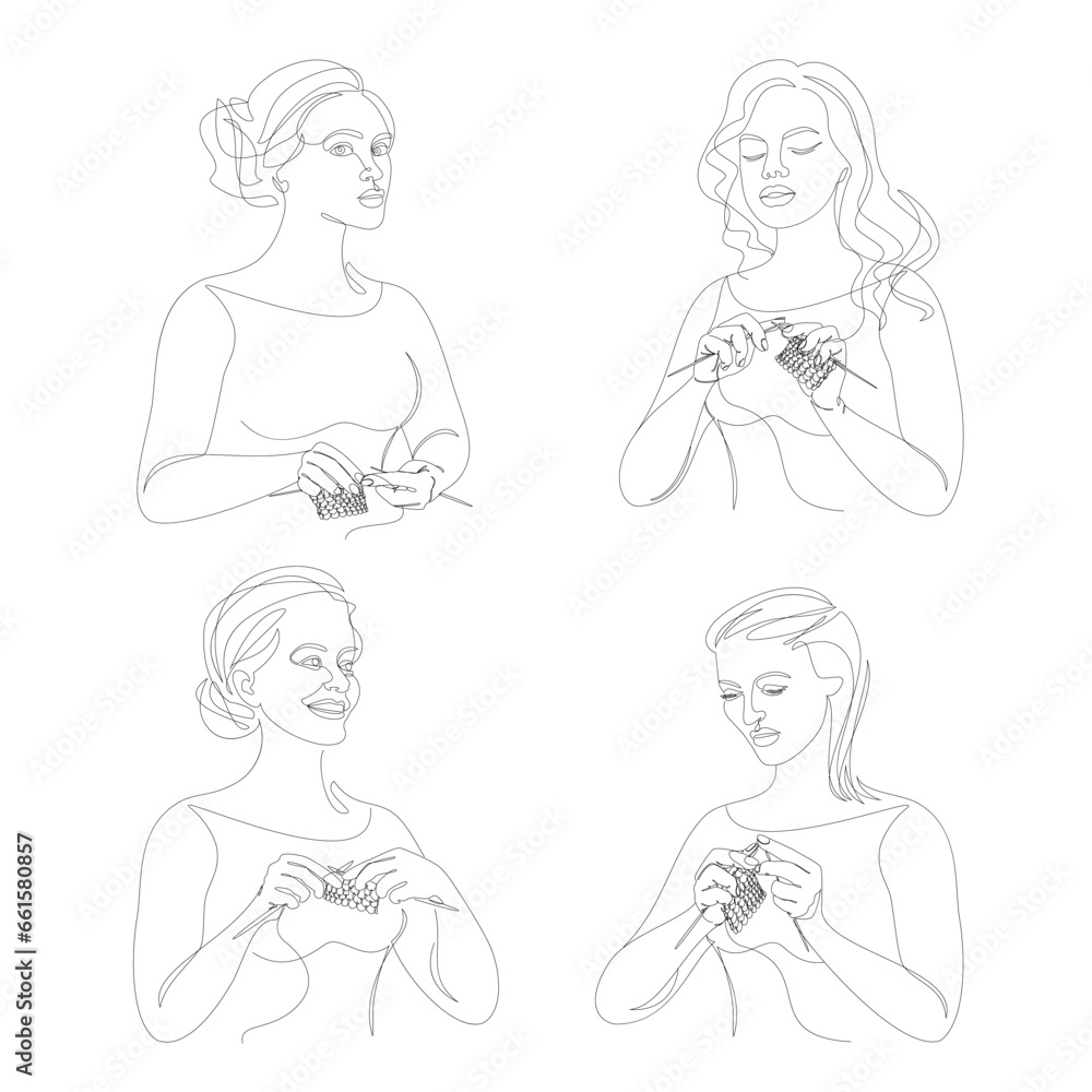 Collection.imSilhouettes of a girl, she knits with threads. Women's hands in a modern fashionable style with one line. Solid line, decor outline, posters, stickers, logo. Vector illustration set.