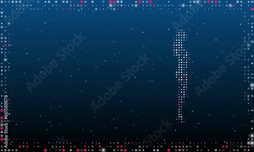 On the right is the woman silhouette symbol filled with white dots. Abstract futuristic frame of dots and circles. Vector illustration on blue background with stars