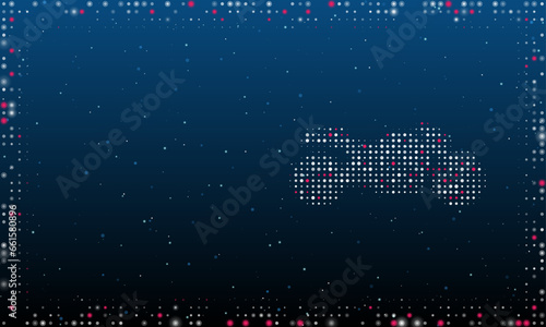 On the right is the bike symbol filled with white dots. Pointillism style. Abstract futuristic frame of dots and circles. Some dots is pink. Vector illustration on blue background with stars