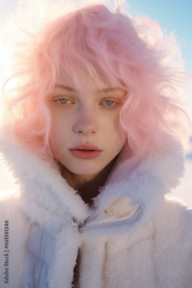 Portrait of a beautiful blonde woman in a pink winter fur jacket. Pastel desert, fresh winter morning. Alien world on another planet. Glitter make up, pale skin and surreal landscape around her.