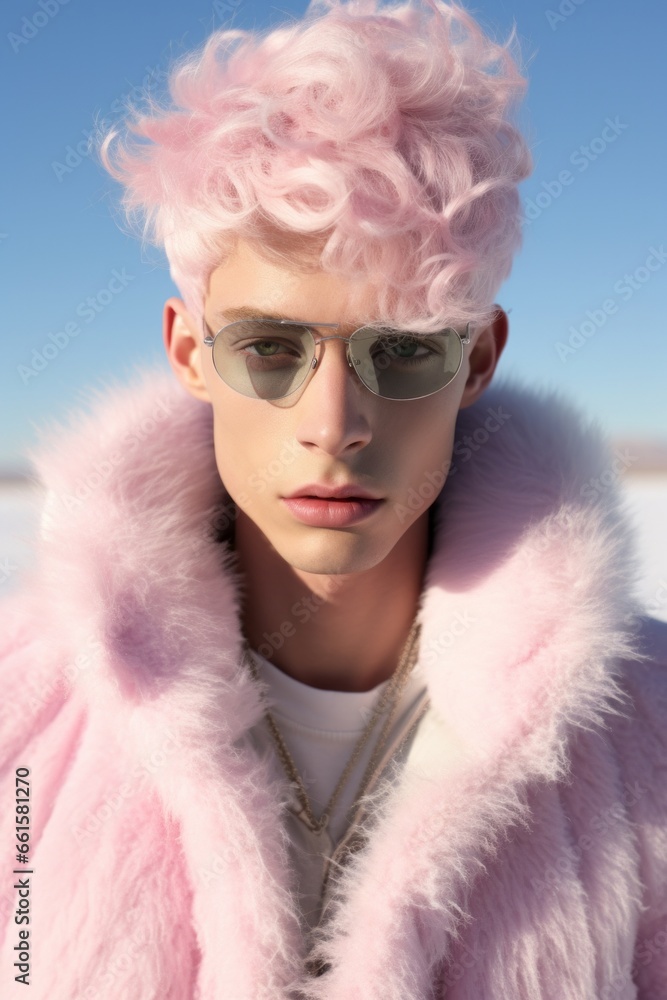 Portrait of a beautiful blond man in a pink winter fur jacket. Pastel desert, fresh winter morning. Alien world on another planet. Glitter make up, pale skin and a surreal landscape around him. Portrait of a beautiful blond man in a pink winter fur jacket. Pastel desert, fresh winter morning. Alien world on another planet. Glitter make up, pale skin and a surreal landscape around him.