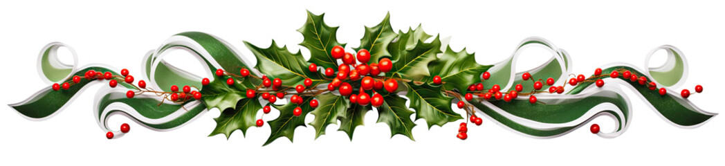Christmas decoration garland from holly berries and leaves, with red ribbon on white background. Winter festive nature concept. banner