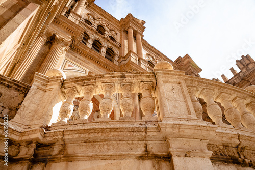 Close up view of architectural details on a famous medieval cathedral in the center Malaga city in Spain, Europe.