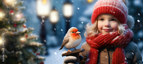 Cute child wearing a red warm hat and scarf hold bullfinch bird on winter forest landscape