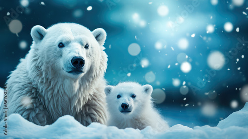 Mom and cub polar bear in the night snowy tundra photo