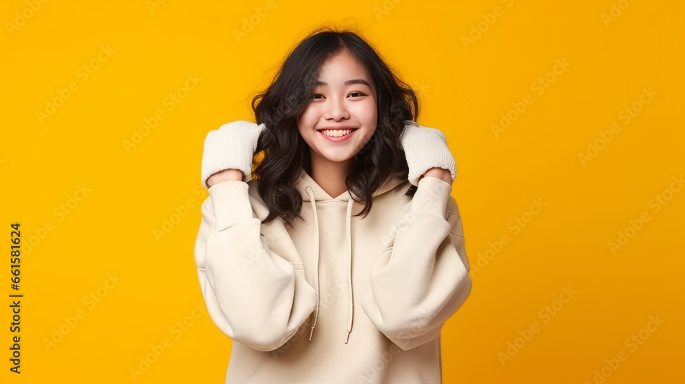 Happy cute asian student girl standing over isolated yellow background,generative ai Happy cute asian student girl standing over isolated yellow background,generative ai