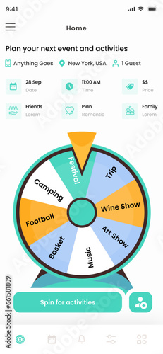 Events, Concerts and Activities Mobile App UI Kit Template with prize wheel and roulette Discover Plan