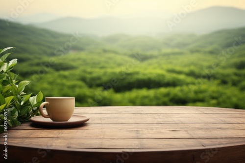 A wooden table with a tea cup is set against the backdrop of a green forest, creating a cozy atmosphere of nature and freshness, making it a pleasant background for product presentations or websites.