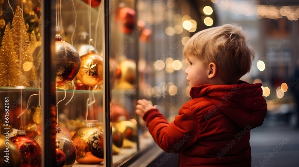 a boy is looking into Christmas decorated shop windows, the city, New Year's lights and garlands of the city, celebrating Christmas