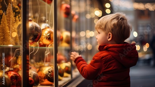 a boy is looking into Christmas decorated shop windows, the city, New Year's lights and garlands of the city, celebrating Christmas © shustrilka