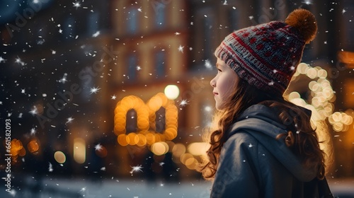 a girl is looking into Christmas decorated shop windows, the city, New Year's lights and garlands of the city, celebrating Christmas