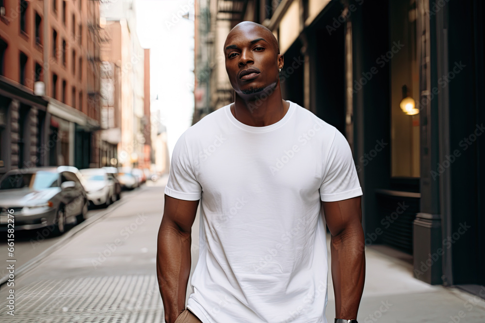 African American man wearing a white T-shirt standing in a street mock up African American man wearing a white T-shirt standing in a street mock up