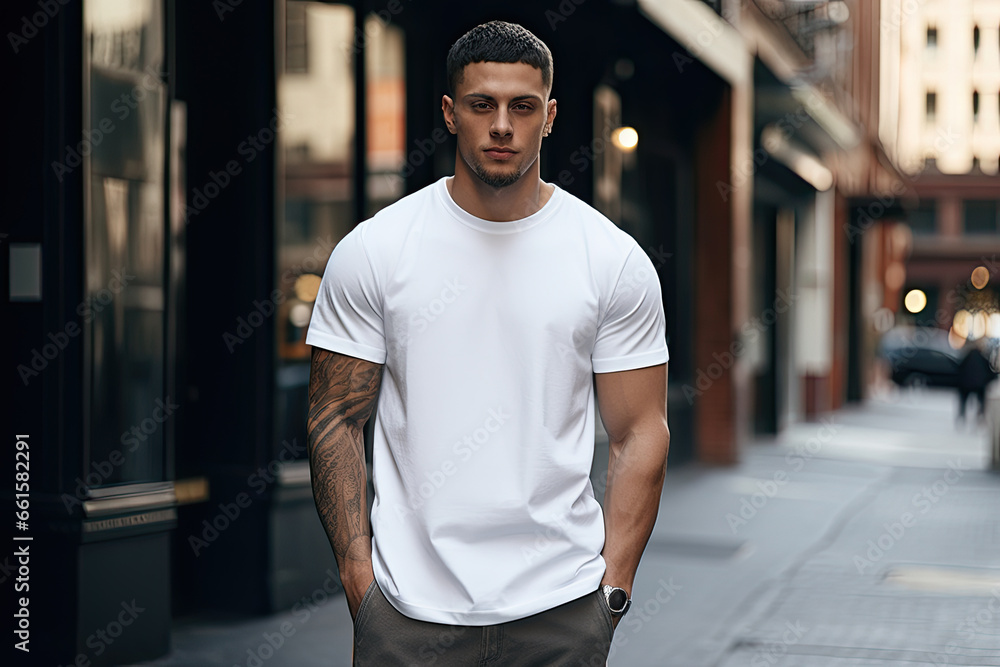 Man wearing a white T-shirt standing on a street mock up - obrazy, fototapety, plakaty 