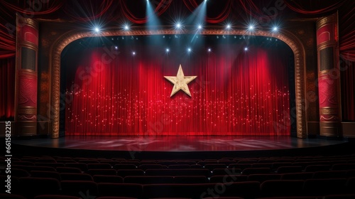 Center stage spectacle: The grand theater display features red curtains, a big star, and captivating lights, promising an unforgettable show © pvl0707