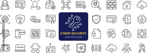 Cyber security set of web icons in line style. Internet protection icons for web and mobile app. Data protection, network, technology, password, key, shield, lock, password, eye access, spam, hacker