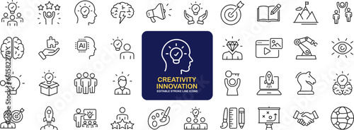 Creativity innovation set of web icons in line style. Creative business solutions icons for web and mobile app.Creative idea, team management, solution, brainstorming, invention. Vector illustration