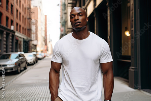 African American man wearing a white T-shirt standing in a street mock up