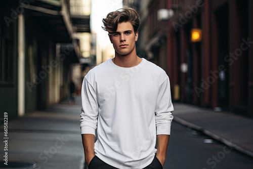 Young man standing in the street wearing a white T-shirt mock up