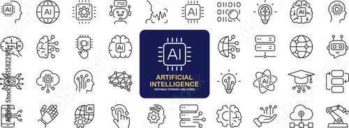 Artificial intelligence set of web icons in line style. AI technology icons for web and mobile app. Machine learning, digital AI technology, algorithm, smart robotic, cloud computing network
