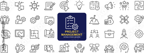 Project management set of web icons in line style. Business or organisation management icons for web and mobile app. Time management, planning, project, startup, marketing. Vector illustration