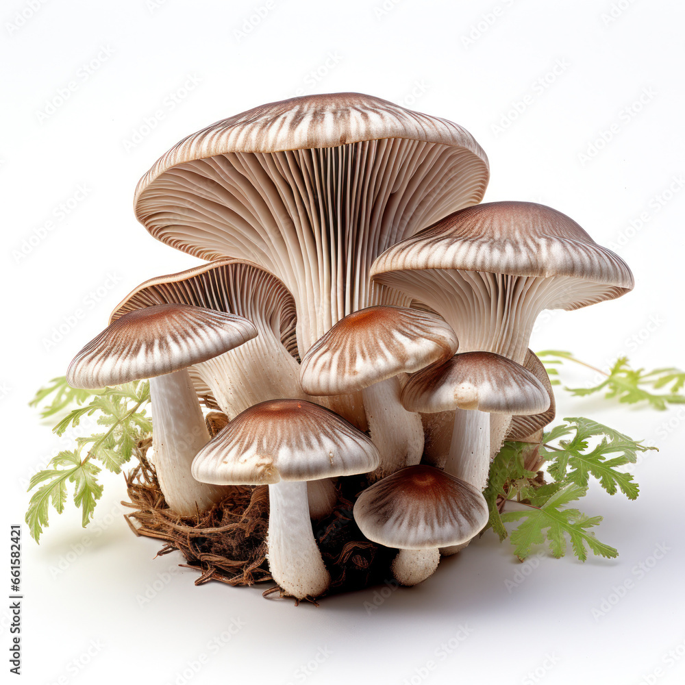 Wild white and brown mushrooms with foliage isolated on white background Generative AI Illustration