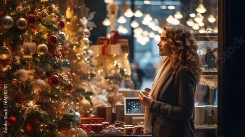 portrait of a beautiful girl against the background of a Christmas decorated city in Europe, city lights and garlands, bokeh, New Year, Christmas and holiday concept © shustrilka
