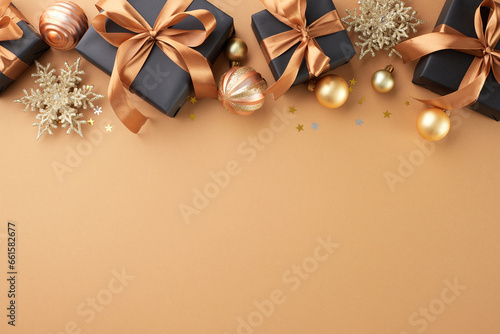 Make your loved ones' holiday season brighter with special gifts. Top view shot of festive gifts, xmas balls, shiny snowflakes, stars confetti on terracotta background with promo area