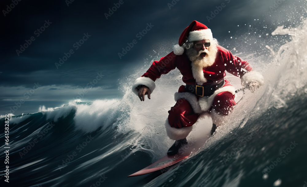 Funny scene of Santa Claus surfing on blue ocean wave in christmas holidays at night.