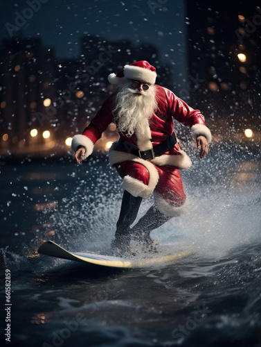 Funny scene of Santa Claus surfing on blue ocean wave in Christmas holidays at coastline of a modern city.
