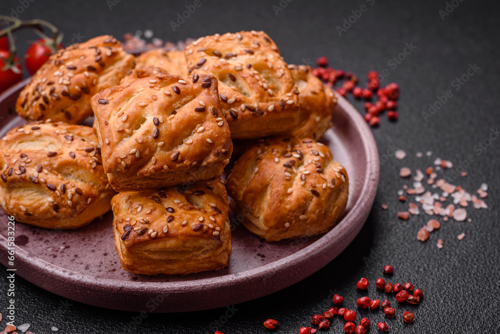 Delicious crispy mini puffs with sausage or meat with salt, thyme and sesame Delicious crispy mini puffs with sausage or meat with salt, thyme and sesame