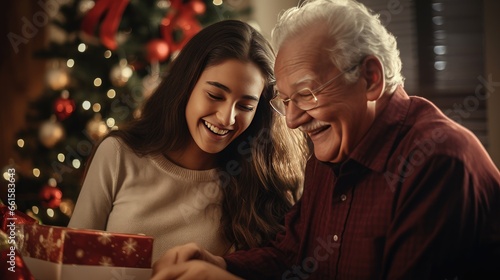 Generational Gift Exchange: An unrecognizable young woman shares a heartwarming Christmas moment with her senior grandfather, exchanging presents