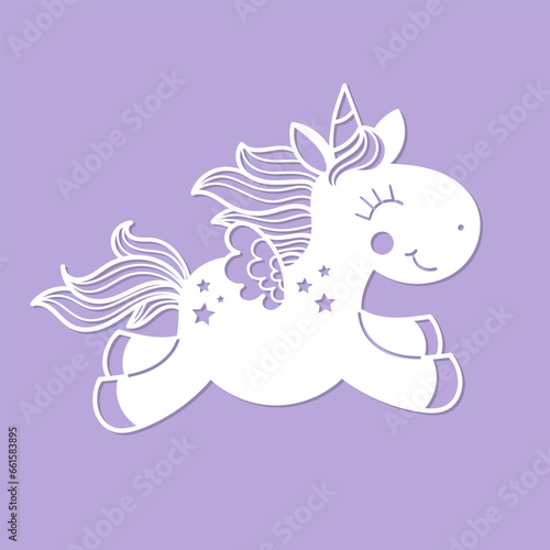 Template for laser cutting. Running little Unicorn. For cutting any material. For the design of cards  invitations  decorative elements  Christmas decorations. Vectorr