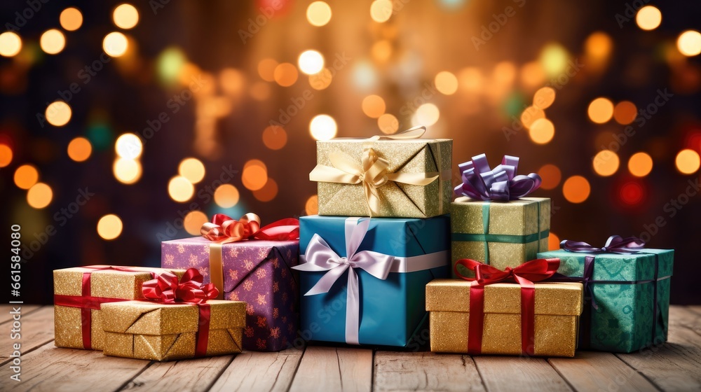 A beautifully arranged stack of Christmas gifts on a rustic wooden table, ready to bring joy and excitement to the holiday season A beautifully arranged stack of Christmas gifts on a rustic wooden table, ready to bring joy and excitement to the holiday season