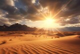 A sunny desert with sand dunes, a distant mountain, and rays of sun breaking through the clouds. Generative AI