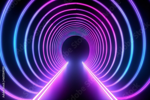 Abstract glowing light tunnel in the dark with rounded pink blue neon lines on an ultraviolet spectrum. Generative AI