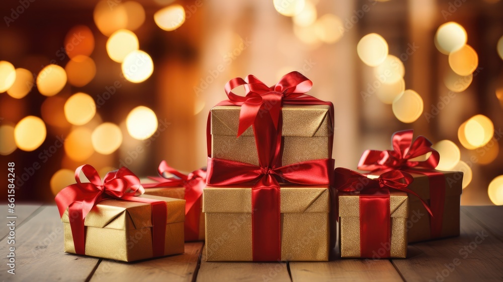 A beautifully arranged stack of Christmas gifts on a rustic wooden table, ready to bring joy and excitement to the holiday season A beautifully arranged stack of Christmas gifts on a rustic wooden table, ready to bring joy and excitement to the holiday season