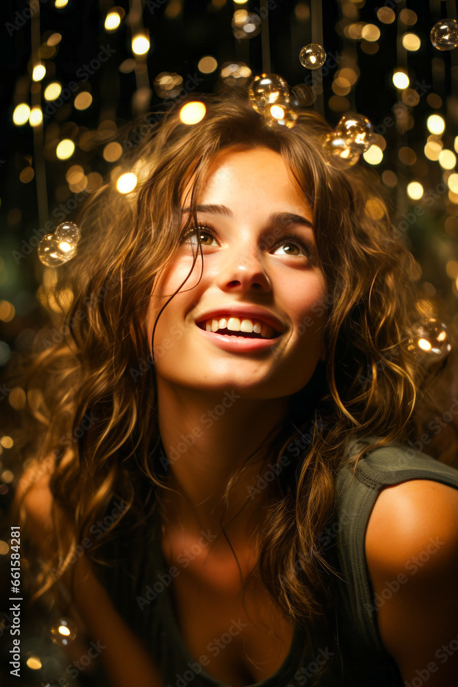 Young woman surrounded by blinking lights at night.